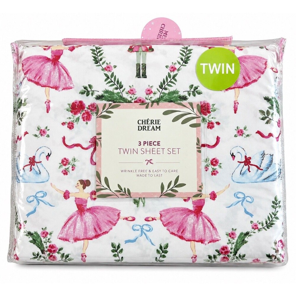 Chérie Dream Twin Sheet Set 3 Piece Nutcracker Ballerina Swan Floral Christmas
